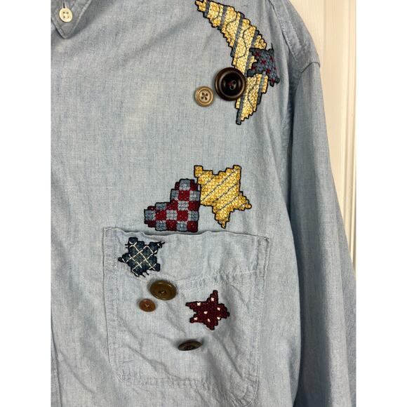 L.L. Bean 90s Embroidered Angel Celestial Denim Jean Shirt Blouse 2X Womens - Picture 3 of 7